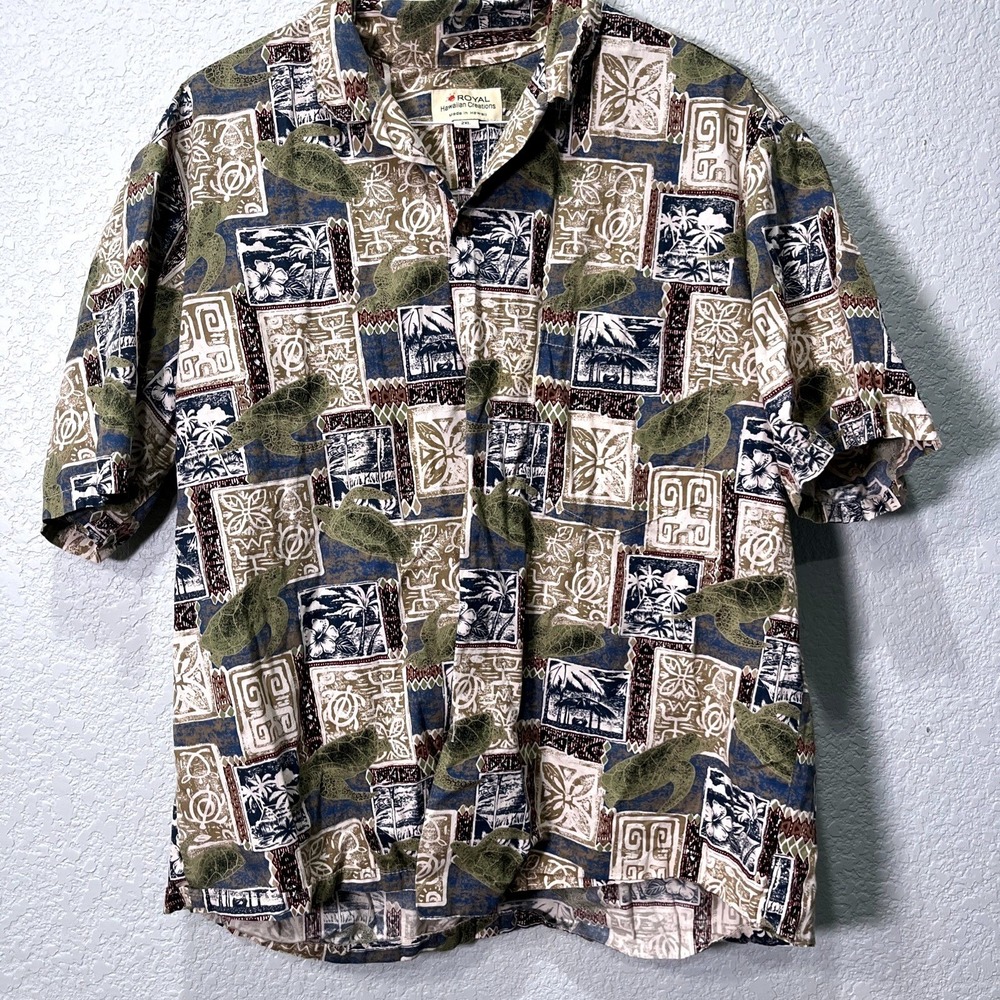 Royal‎ Hawaiian Creations Shirt Mens 2XL Tan Sea Turtle Tribal Aloha Button Down